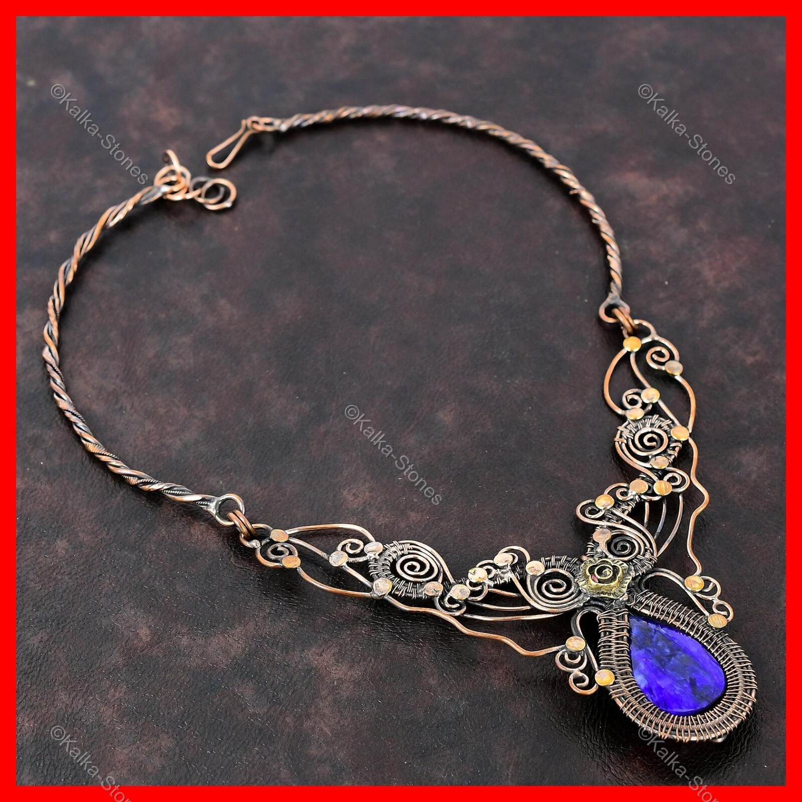 Blue Saphire Stone Chain Artisan Wire Wrapped Flower New Necklace Jewelry Copper