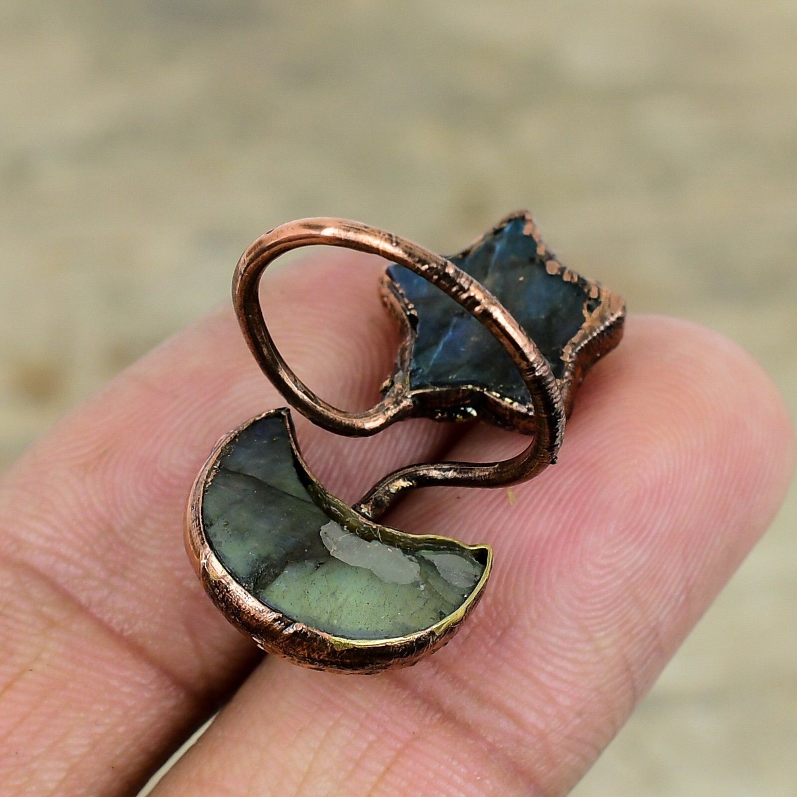 Labradorite Electroformed Moon And Star Adjustable Ring Size Adjustable Copper