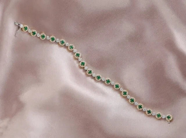 Simulated Green Emerald & Diamond 7″ Tennis Bracelet In 14K Two Tone Gold Plated