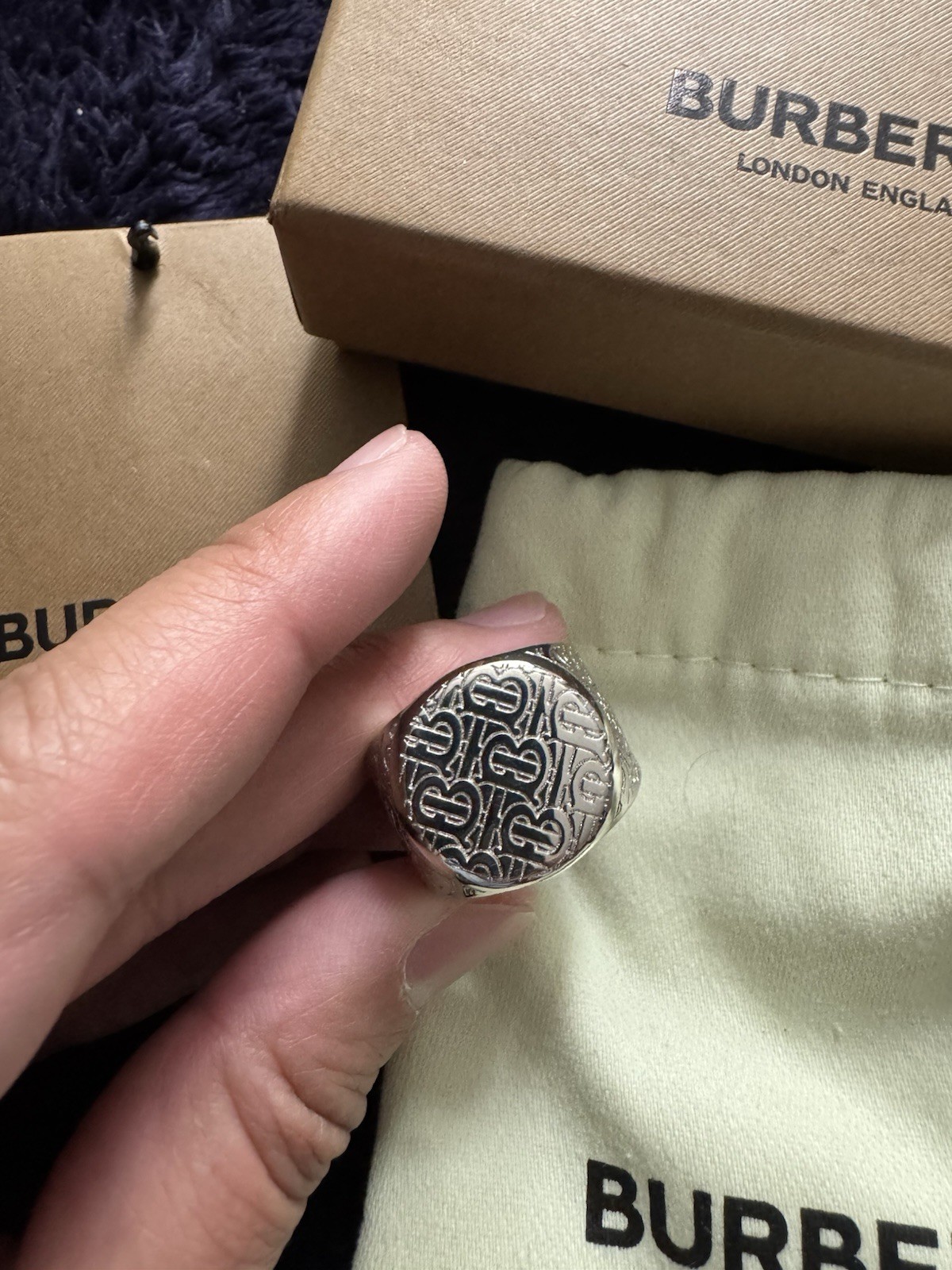 Burberry – Monogrammed Palladium-Plated Signet Ring – Silver Size 58