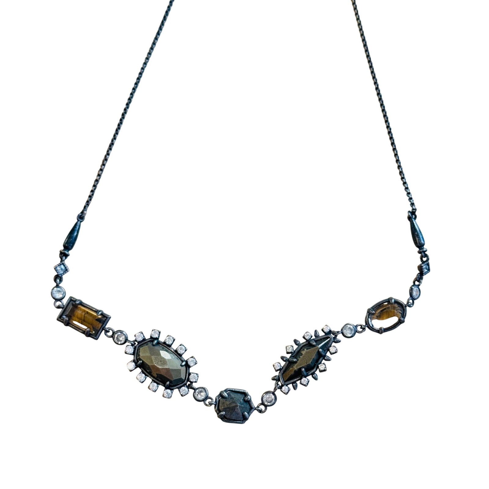 Kendra Scott KS June Long Necklace Antique Silver Pyrite Crystal Chain 27″
