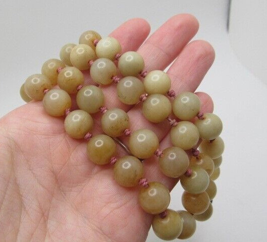 Vintage Yellow Green Jade 11.5mm Stone Pink Cord Knotted Bead Necklace 26 In