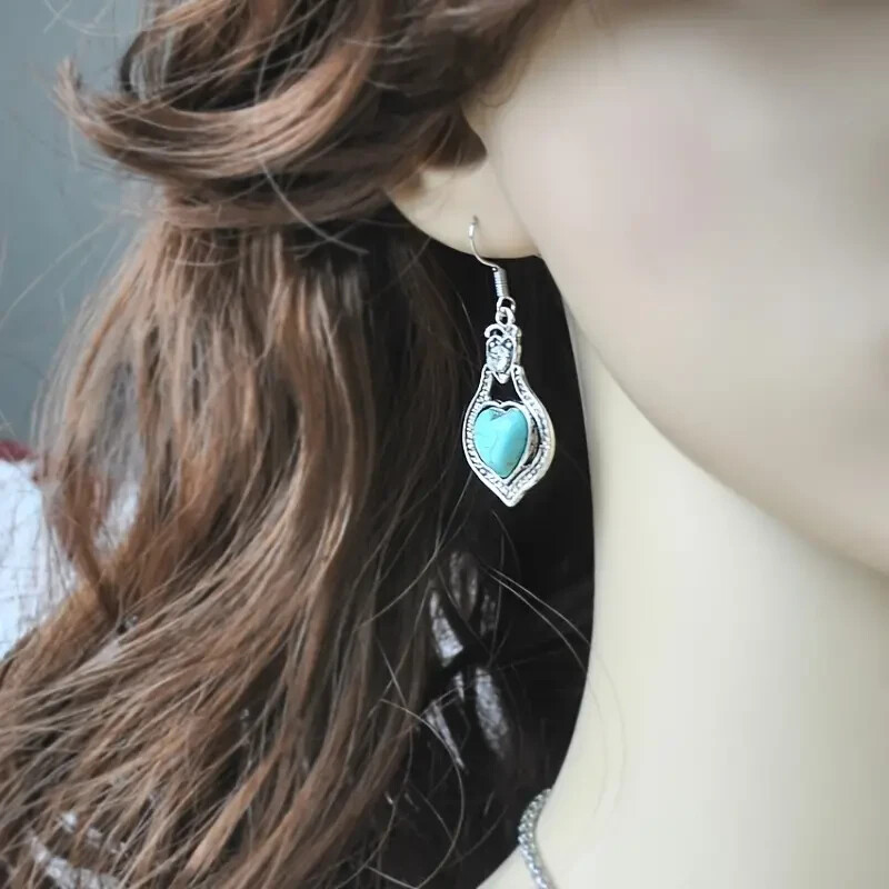NEW ANTIQUE SILVER HEART SHAPED TURQUOISE & CZ DANGLE FASHION EARRINGS