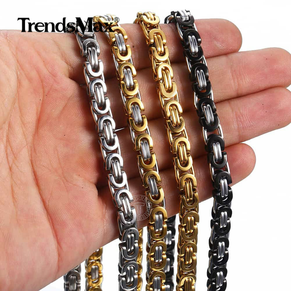 Heavy Black/Silver/Gold Plated Stainless Steel Flat Byzantine Chain Necklace