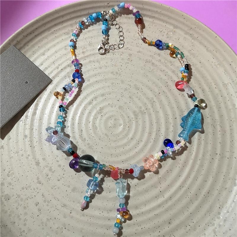Orange Ceramic Fish Starfish Pendant Beaded Choker Necklace Boho Vacation