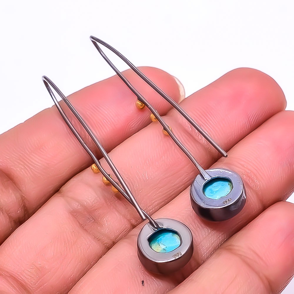Larimar 925 Sterling Silver Black And Gold Rhodium Plated Earring 1.95″ E52