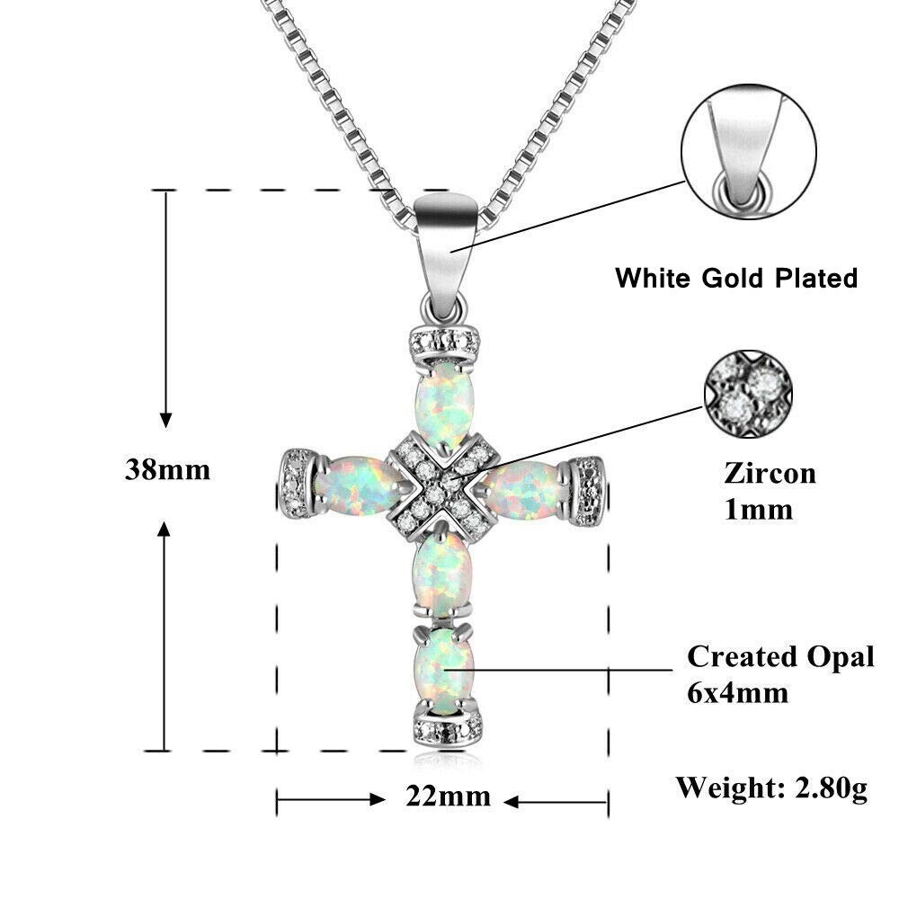 Hawaii White Fire Opal Cross Necklace pendants Silver Filled Women Girls Charm