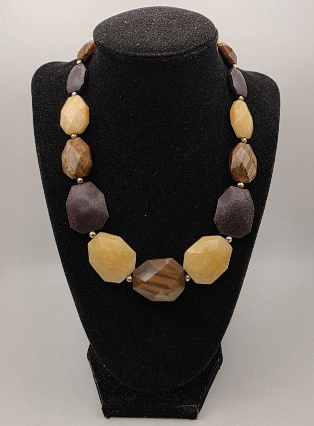 Faceted Acrylic Beaded Necklace Brown Beige Chunky Lobster Clasp Pre-owned