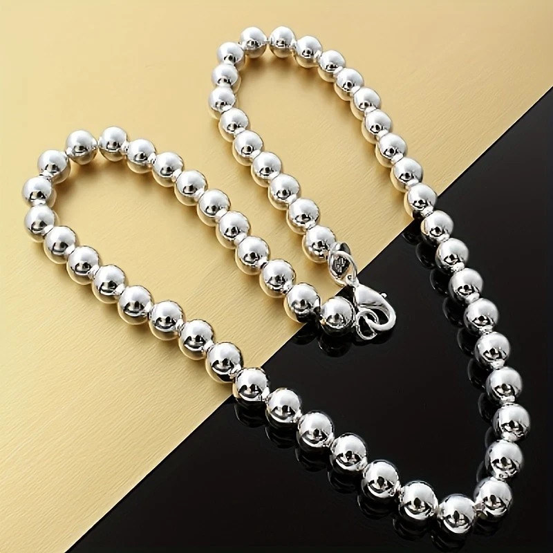 1Pcs Women’s 925 Sterling Silver 8mm Hollow Balls Beads 20″ Chain Necklace