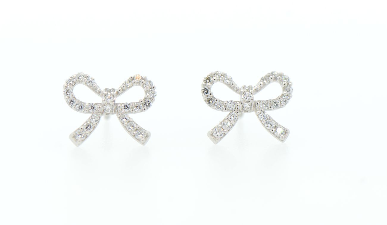 14k Solid White or Yellow Gold Bow Tie Stud Screw Back Earrings with CZ