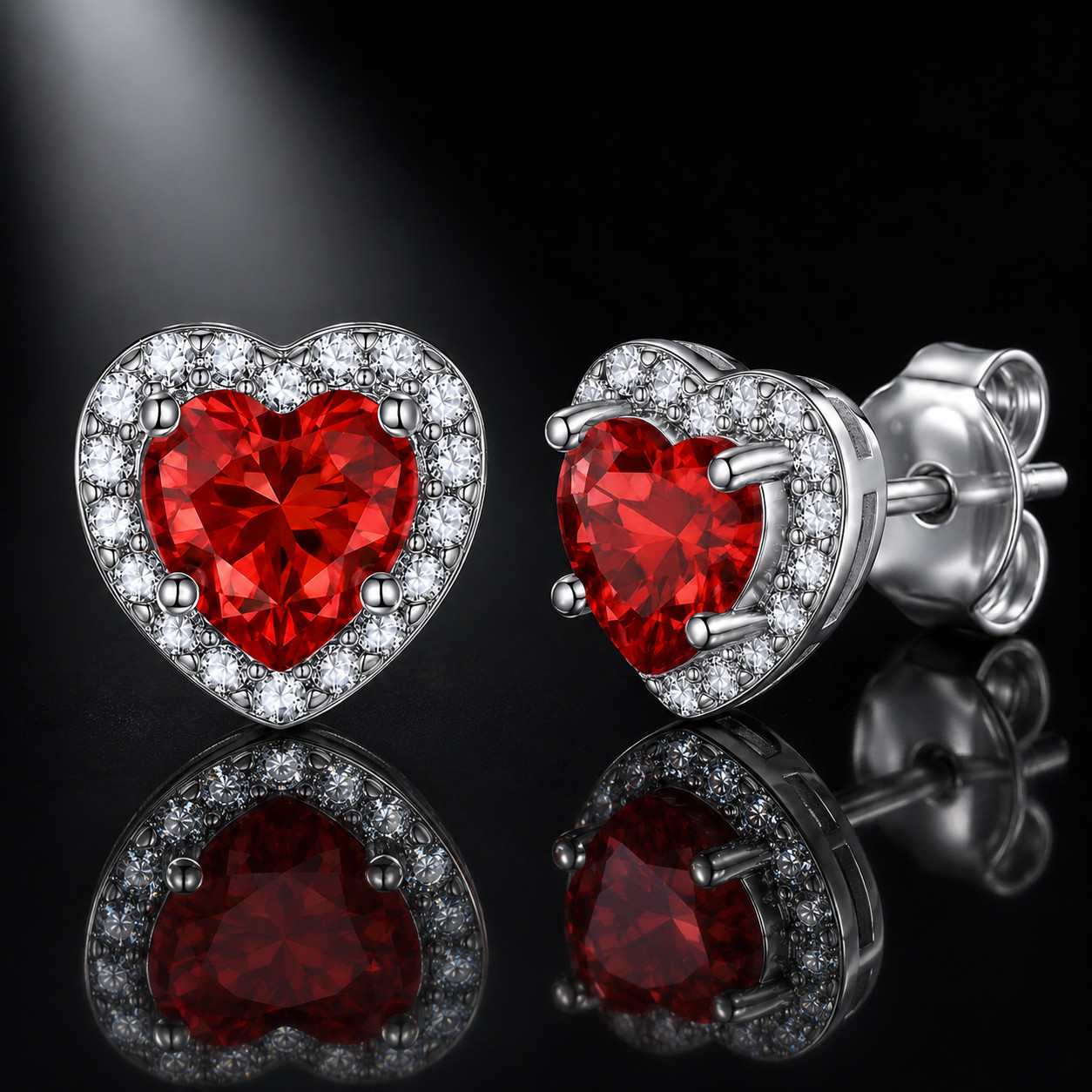 Heart Red Simulated Ruby Halo Stud Earrings 925 Silver White Gold Plated
