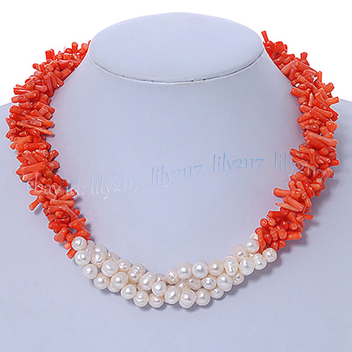 3 Rows Natural Orange Coral Chip Gems Beads White Freshwater Pearl Necklace 18”