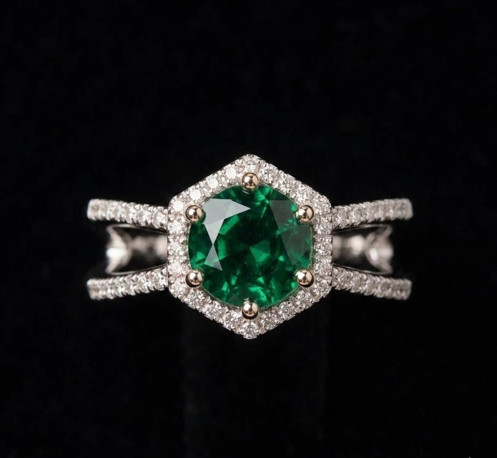 Lab-Created Emerald Halo Ring, Sterling Silver Statement Gemstone Jewelry