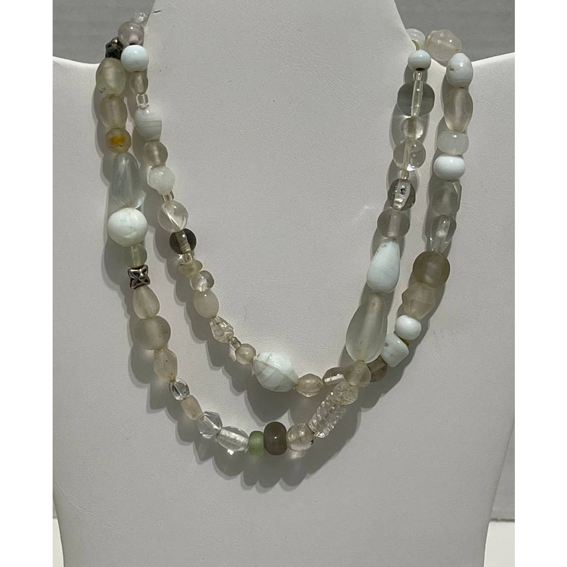 Long Beaded Statement Fashion Necklace White Green