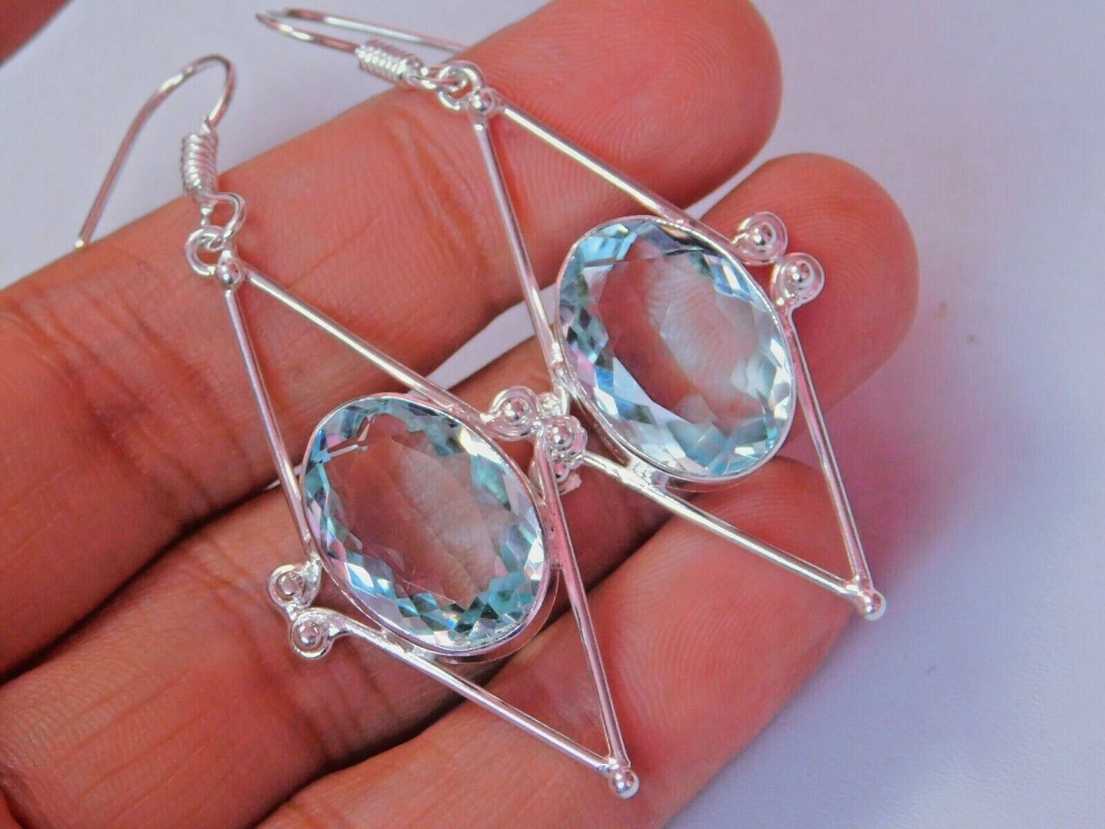 Gorgeous Triangular Hydro Aquamarine Quartz Silver Plated Brass Infinity Earring