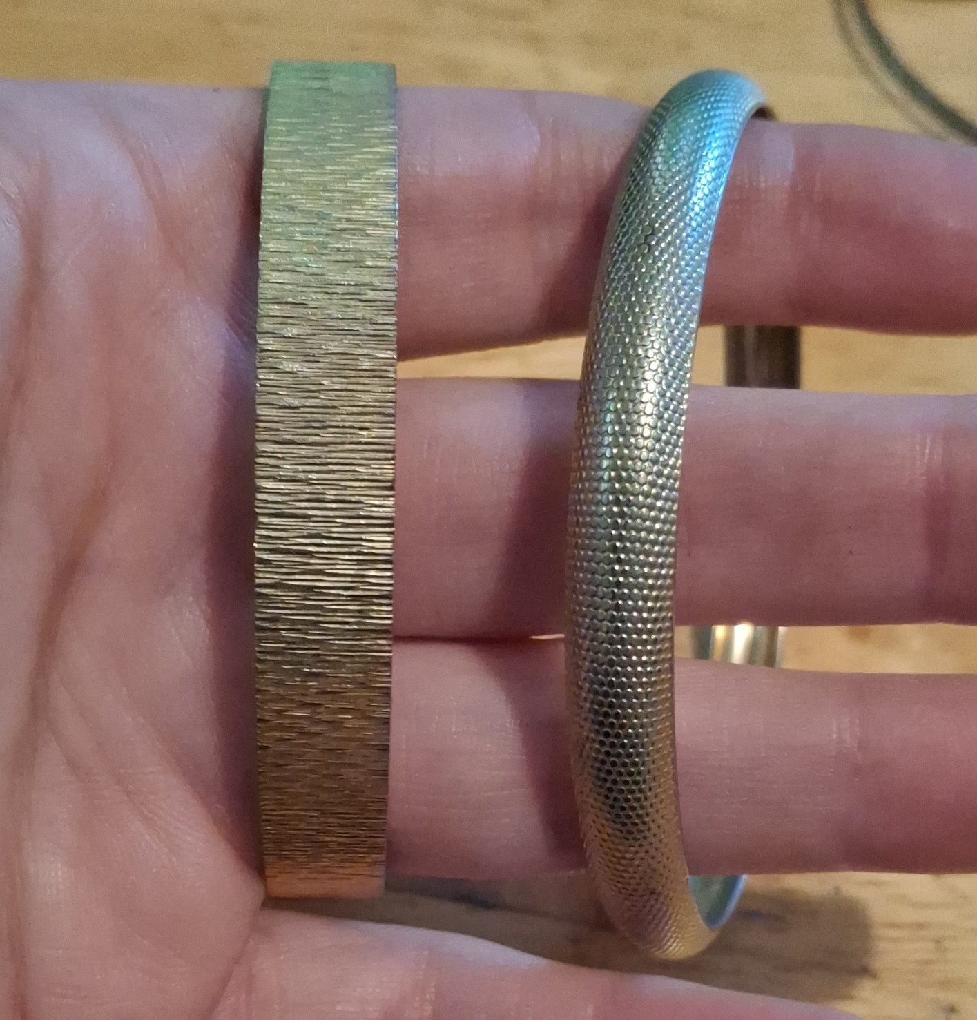 Lot of 2 Textured Gold Tone Bangle Bracelets Metal No Clasp No Stone
