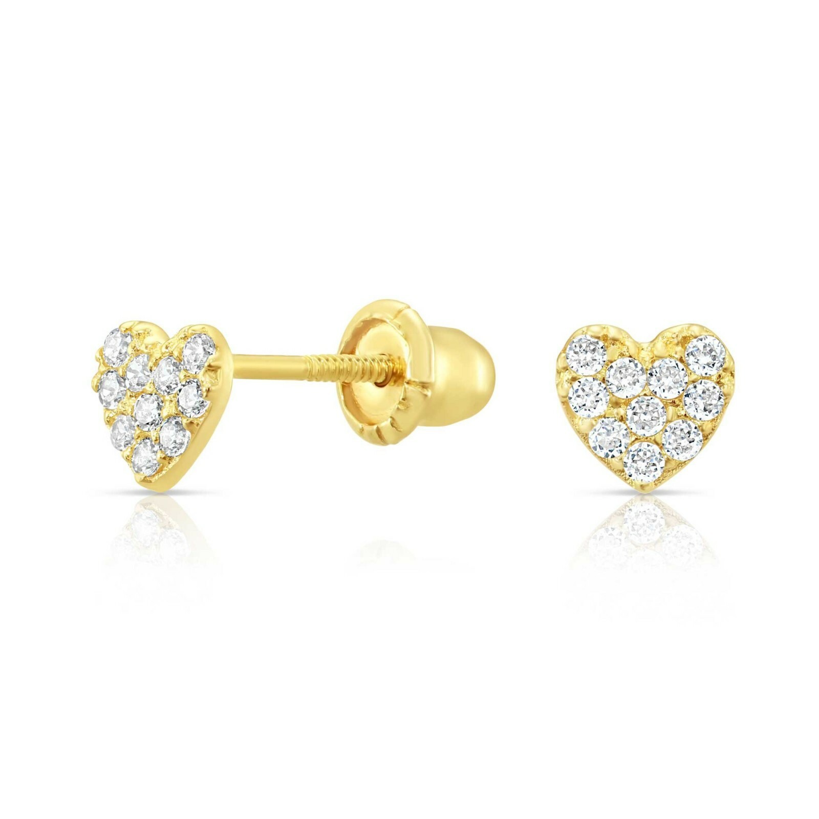 10K Real Solid Yellow Gold Baby Small Heart CZ Sleeper Studs Earrings Screw-back