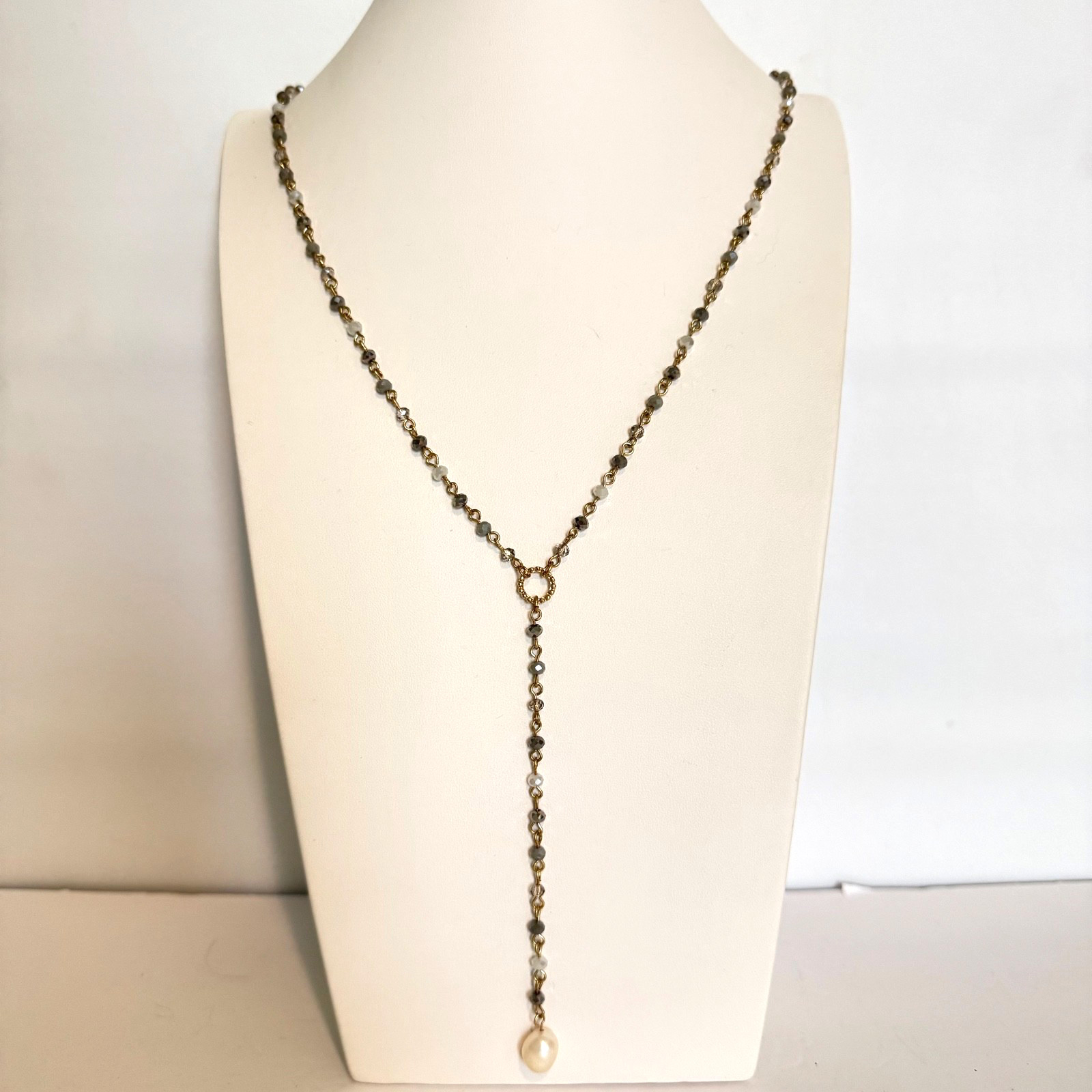 Boho Gold Tone Beaded Y Necklace Gray Crystal Rosary Chain Pearl Drop Lariat