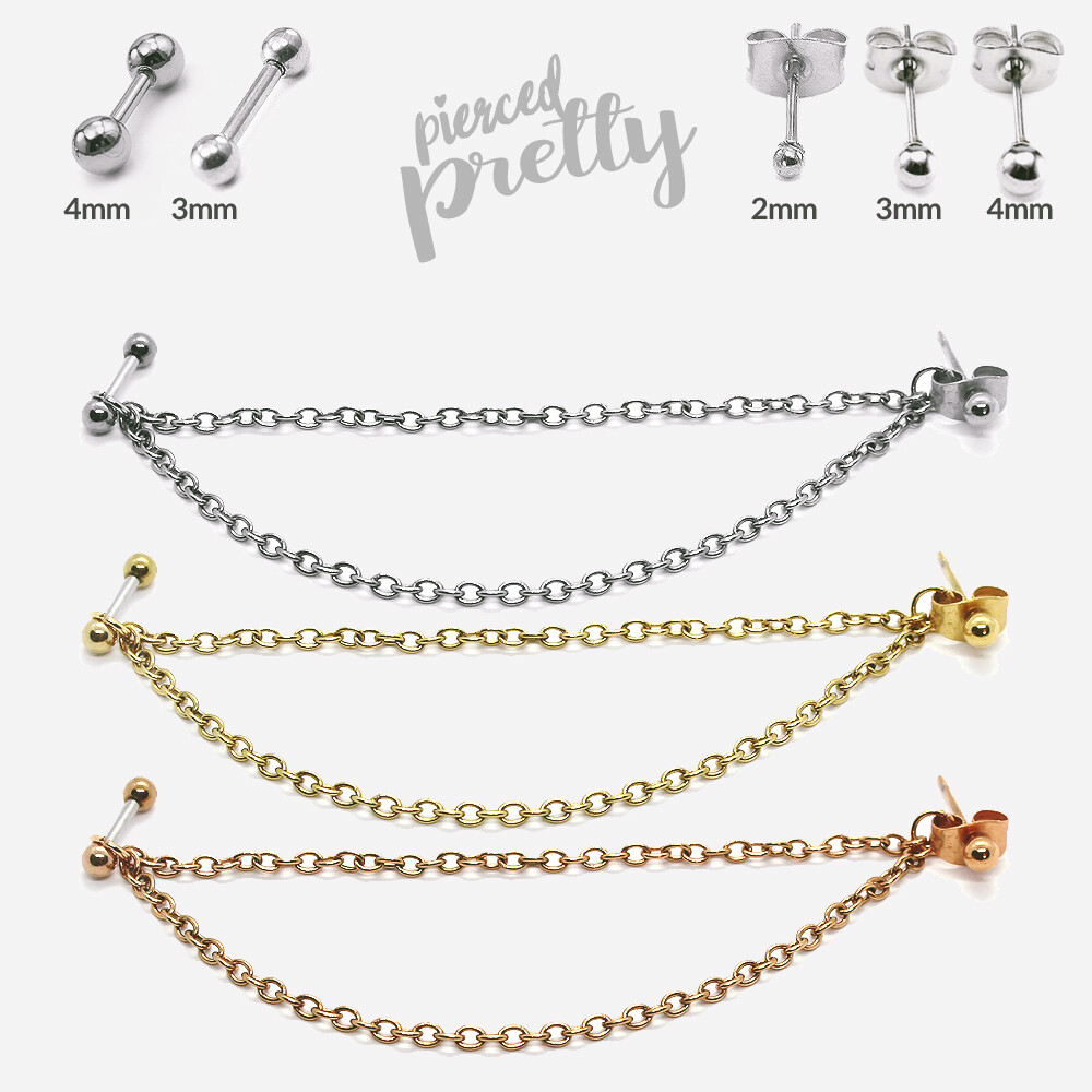 20g 16g helix to lobe long double chain earring helix earring rose gold ear stud