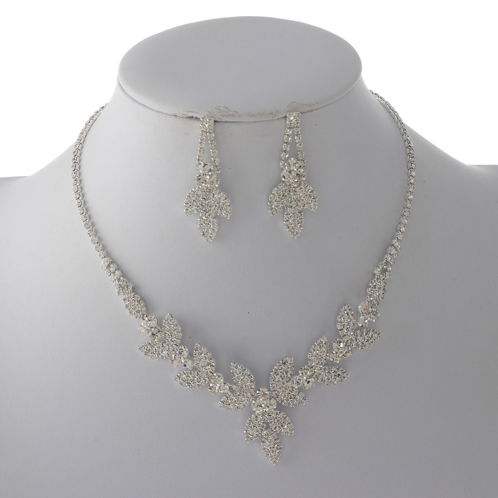 Silver Tone Alloy Metal Rhinestone Necklace Earring Set S20695-SCRY