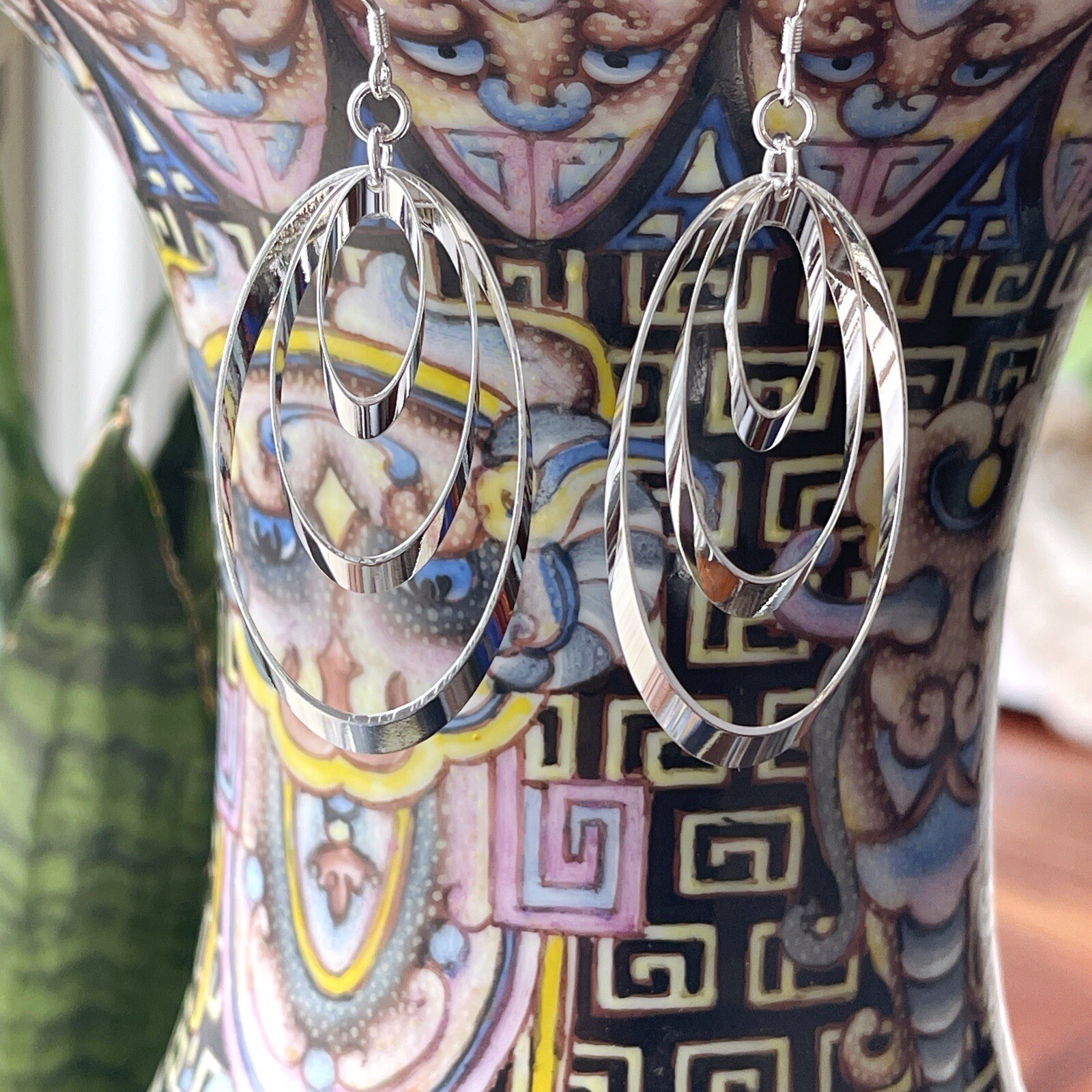 Sterling Silver Triple Loop Dangle Earrings On French Wire
