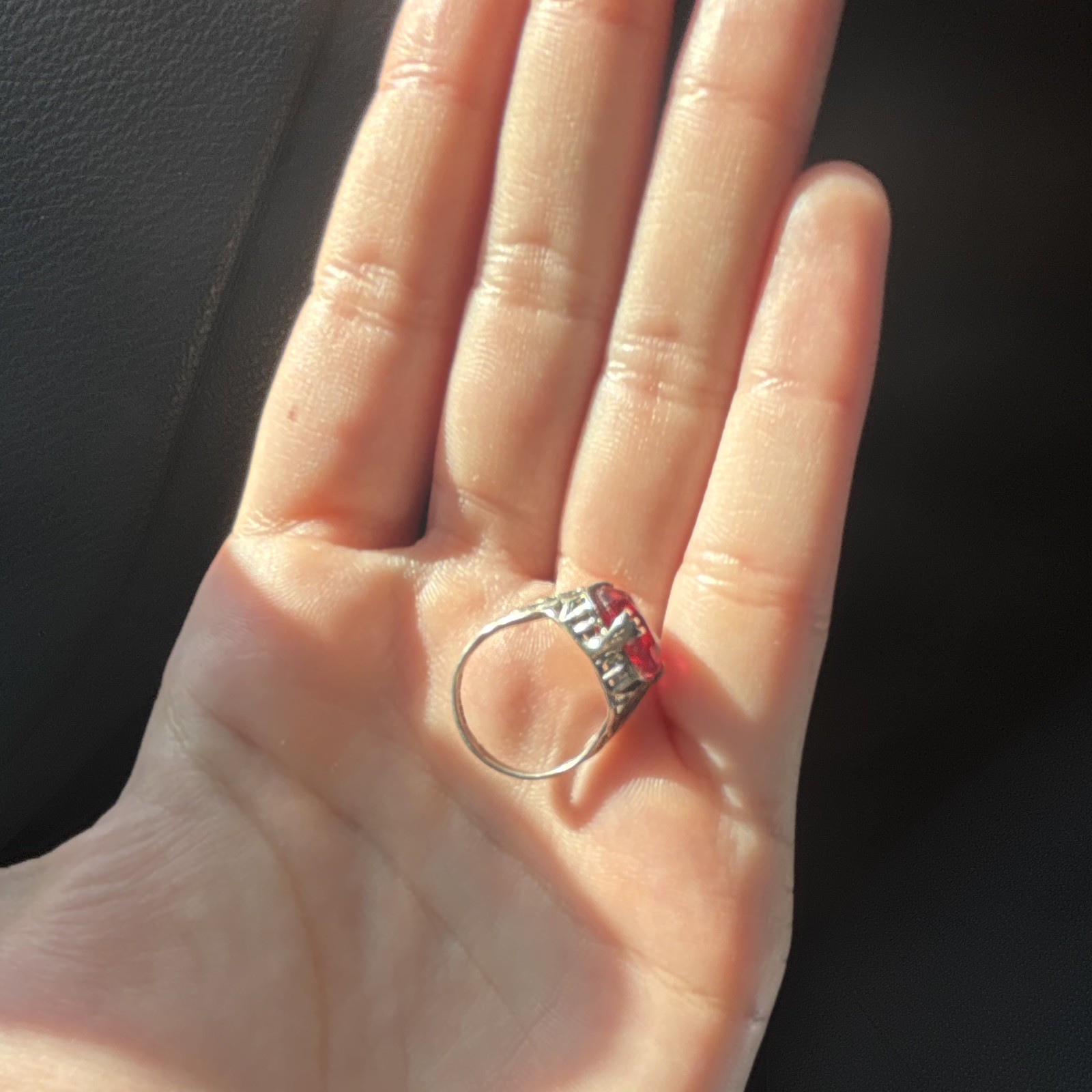 Silver-Tone Metal Cocktail Statement Ring Size 6, Red Cushion Stone Prong Set