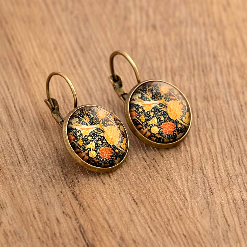 Vintage Ethnic Floral Print Round Dangle Earrings Copper Jewelry Exquisite Gift