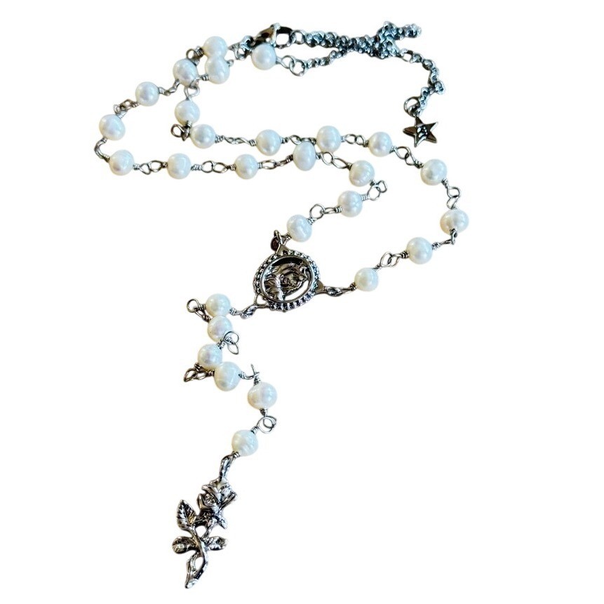 Dalmata D Pearl y-drop rosary rose Necklace Freshwater choker beaded silver 18″