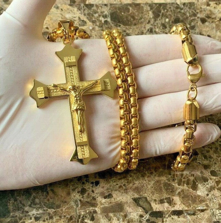 20-40″Men Stainless Steel Gold Box chain Necklace Jesus Cross Pendant Bracelet 6