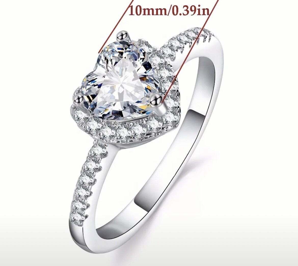 Gorgeous Lab Created Diamond Heart Ring Silver Plated Size 6-11