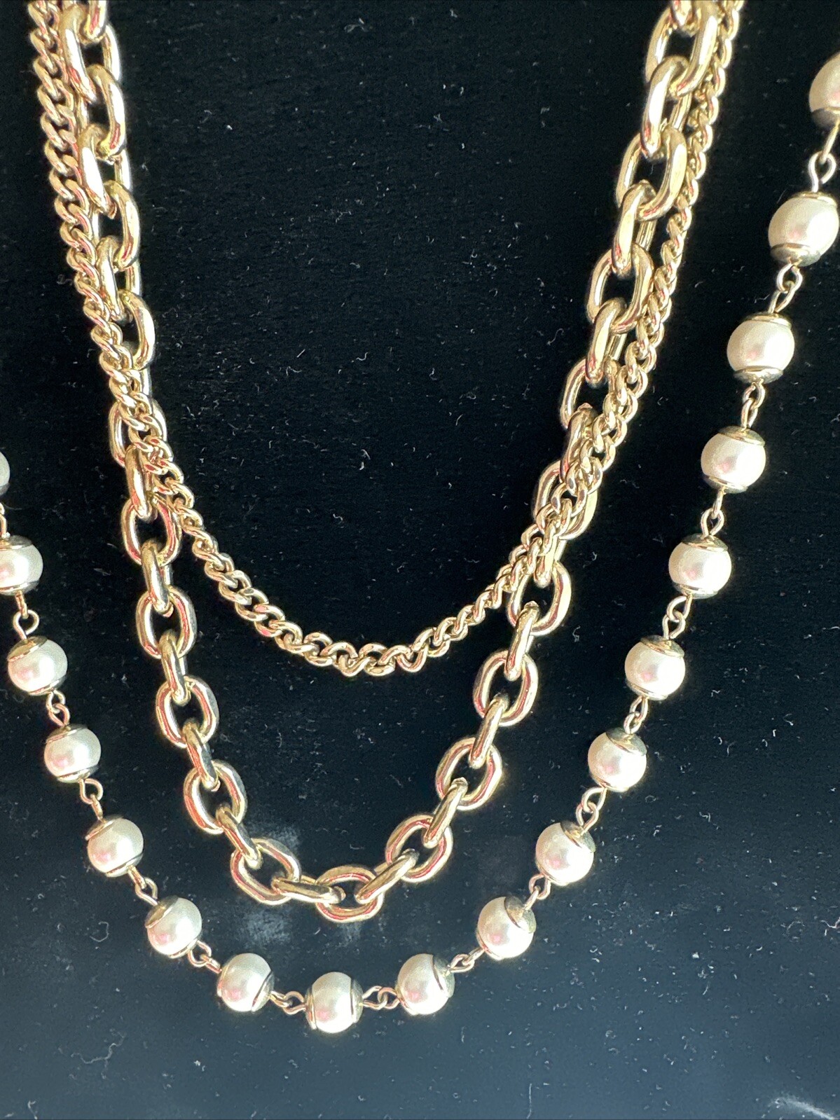 Ann Taylor Gold Plated Pearl Layered Chains Necklace Massive Long 30in. 20mm