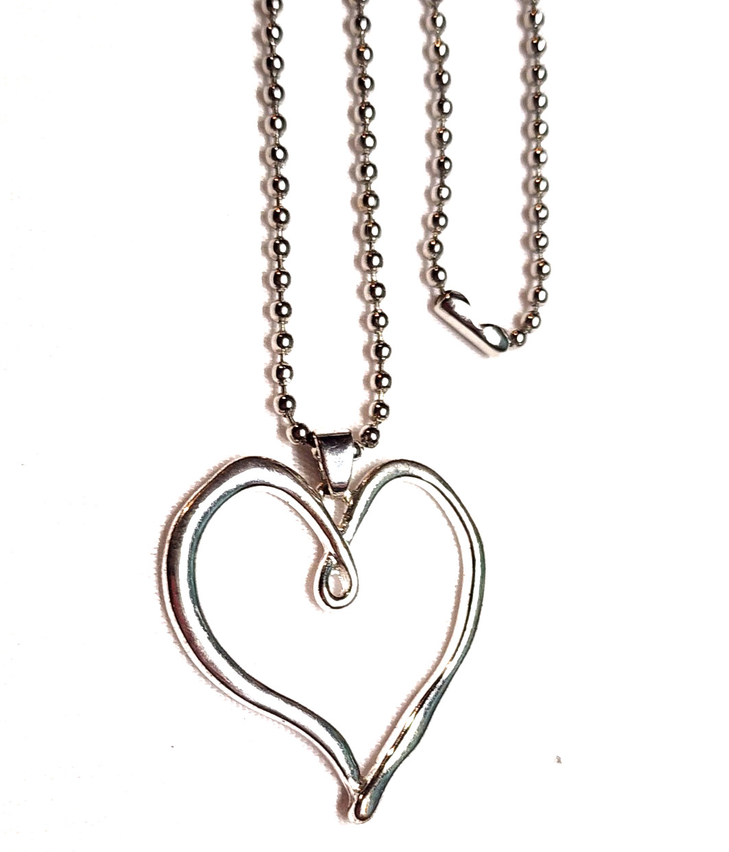 Wavy Abstract Open Heart Pendant Necklace Silver Tone 28″ Ball Bead Love Retro