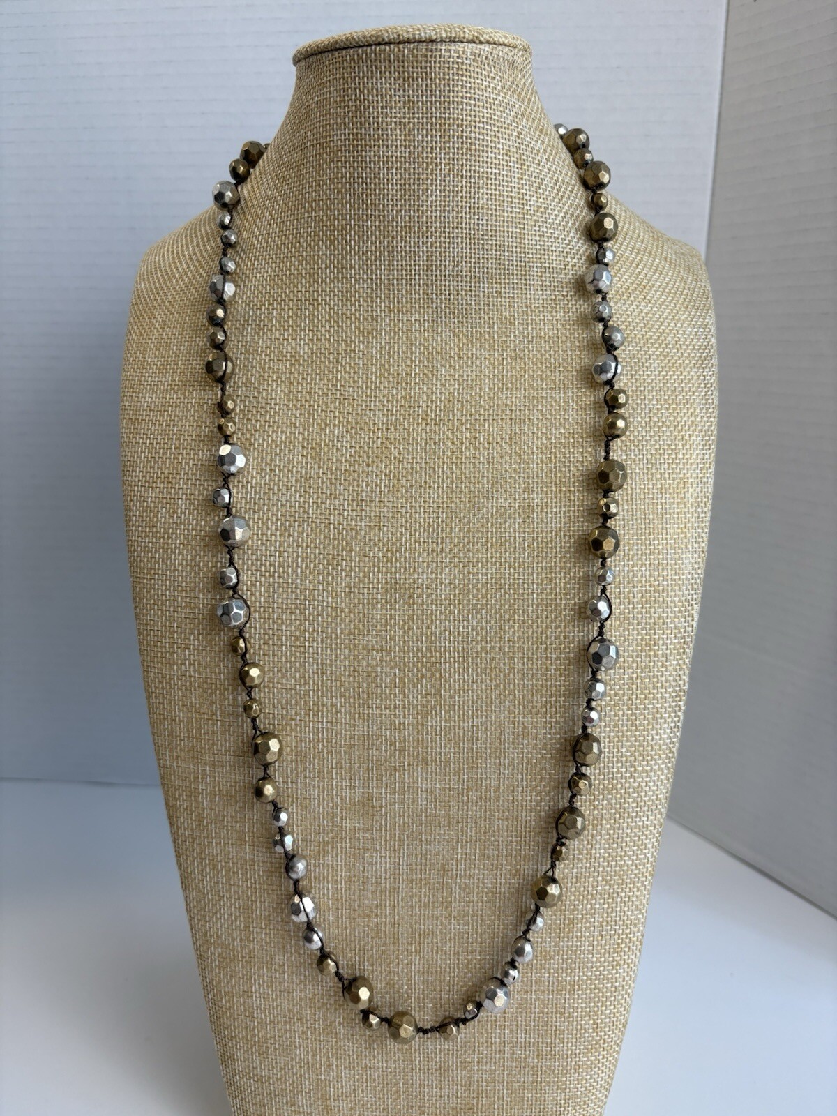 Lucky Brand Necklace Matte Gold Silver Tone Beads Brown/Black Cord 30” Boho