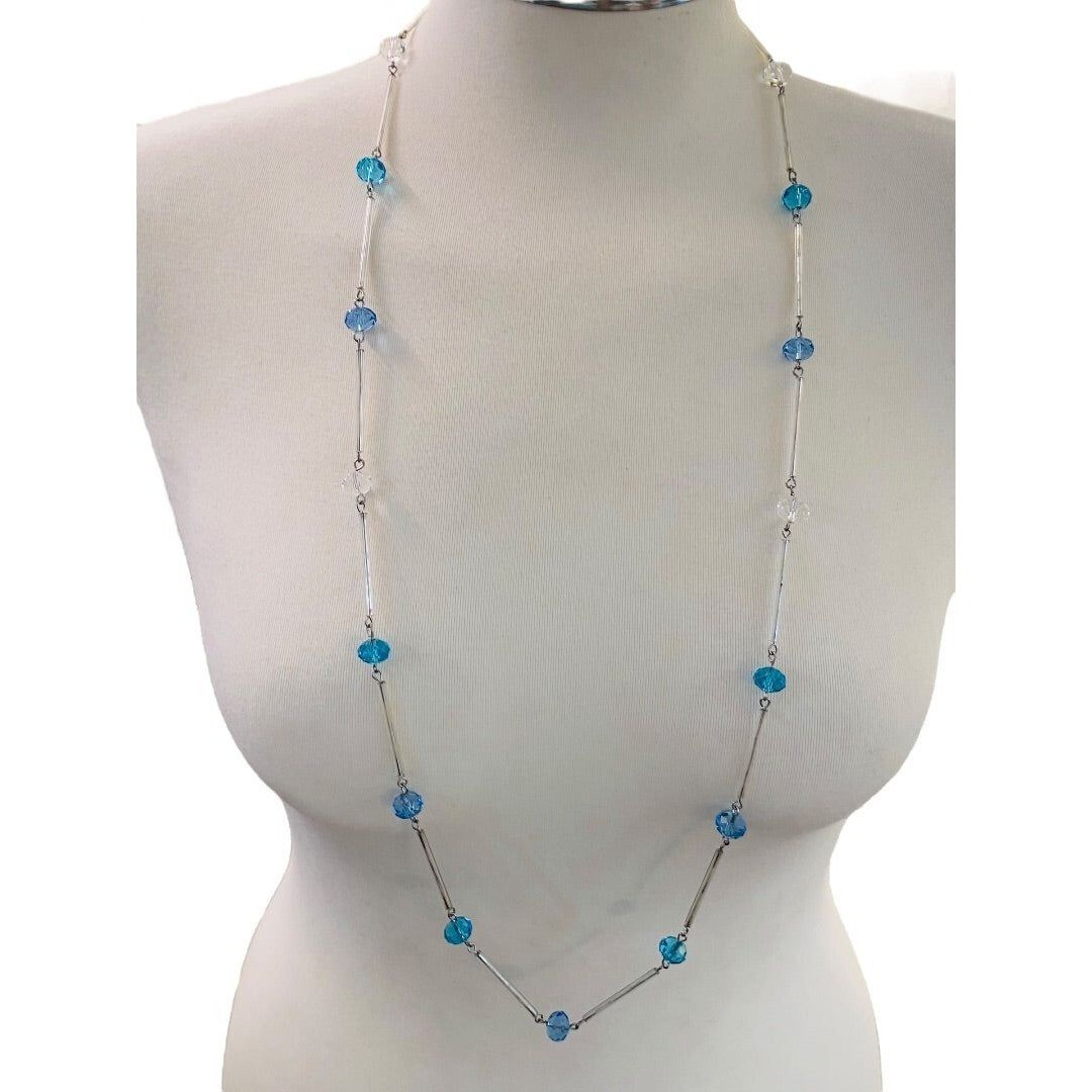 Silvertone Blue Aqua Beaded Overhead 36″ Strand String Necklace