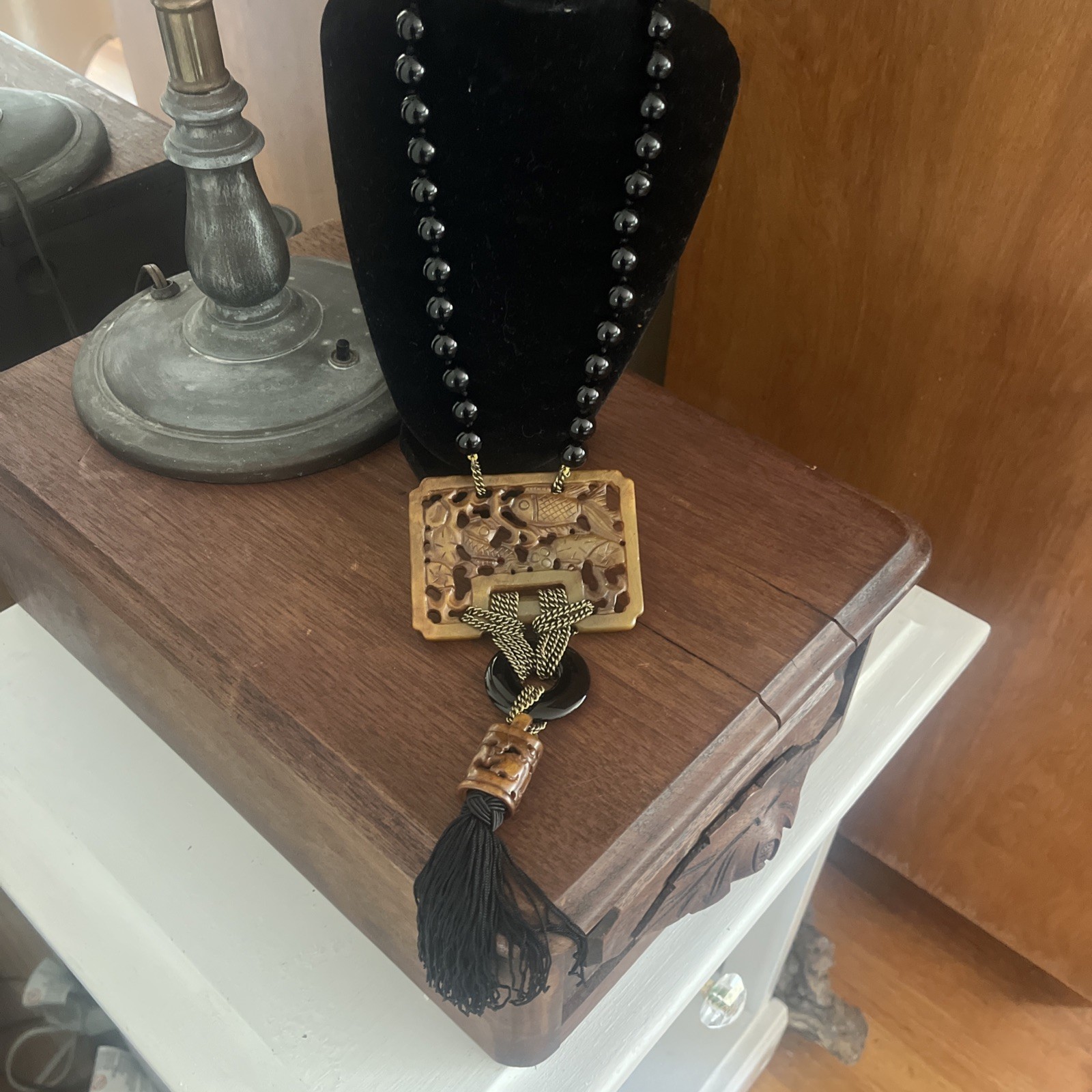 Heidi Daus Asian Design Chinoiserie Necklace Onyx Beads Carved Pendant Tassel
