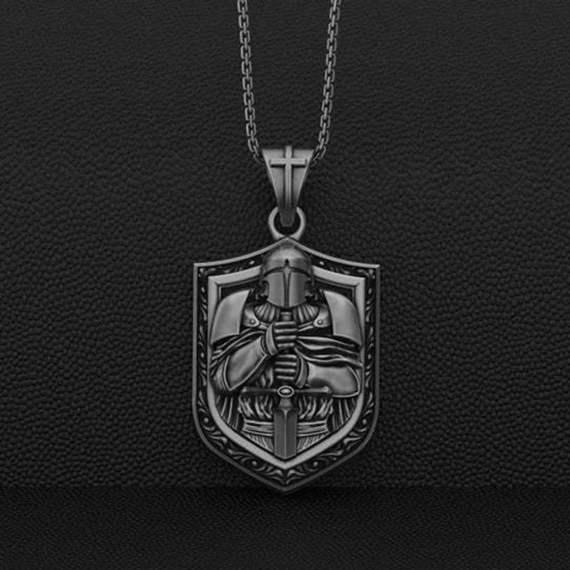 Knight Shield Necklace Crusader Warrior Jewelry Vintage Silvery Pendant Amulet