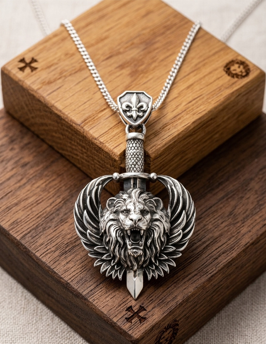 Handmade Unique Sword Lion Brass Silver Color Design Pendent Comes With Chain.