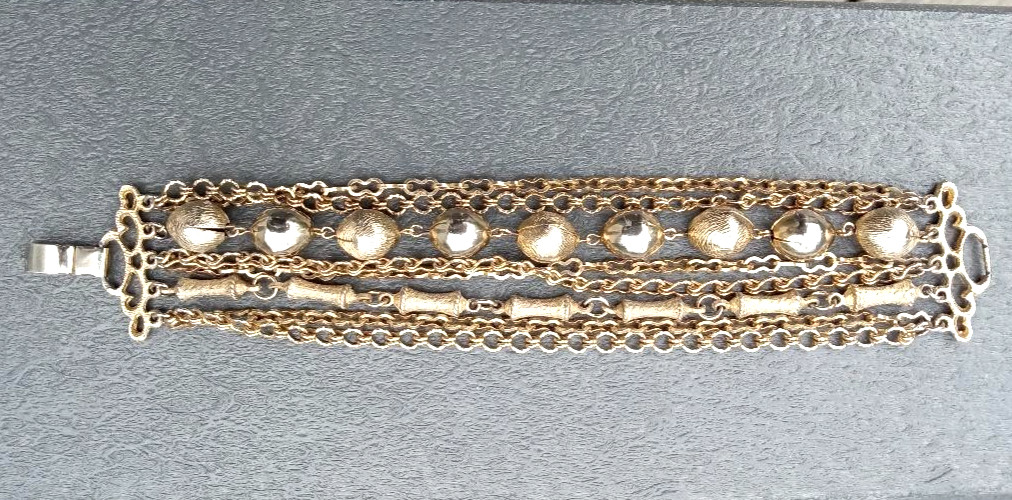 Vintage Gold Color Multi Strand Bracelet Textured Beads Bar Links 7″ No Mark