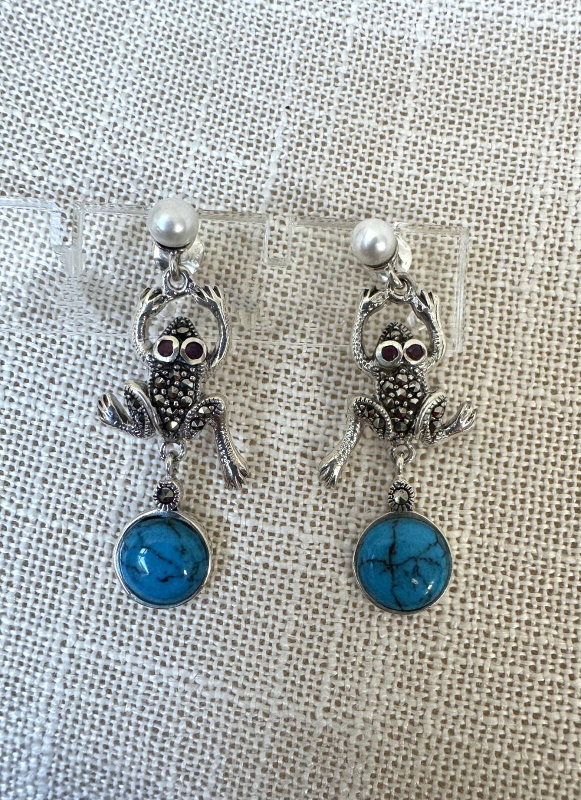Frog Earrings, Stabilized Turquoise Gems, Stud, 925 Sterling Silver, Marcasite