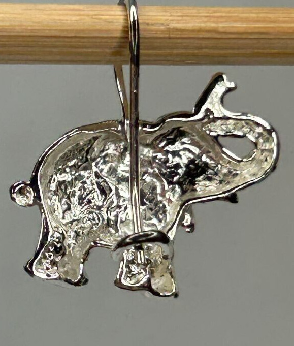 925 Elephant Earrings 0.75in Drop Silver Tone French Wire Detailed Trunk Up