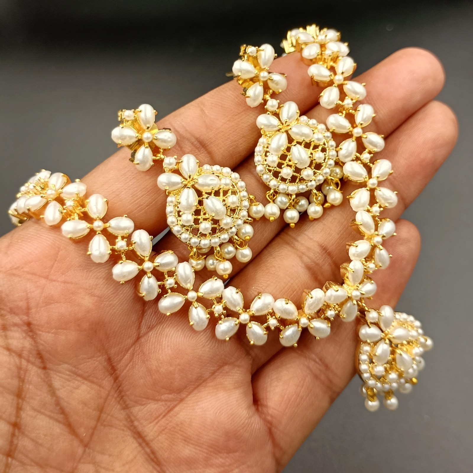 Vintage White Pearl Necklace Set 22K Gold Plated Chain Earrings Bridal Gift