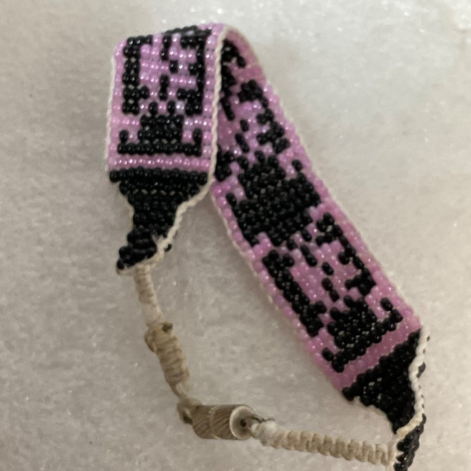 7.25in Beaded Bracelet Black Pink Handmade Tribal Pattern Jewelry