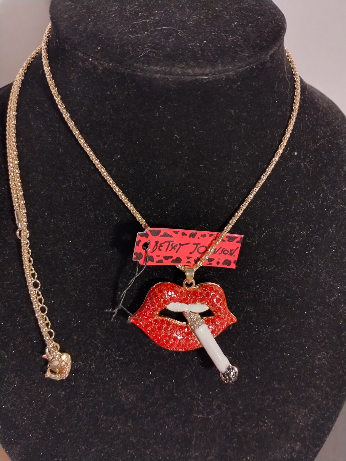 Betsey Johnson Red Rhinestone Lips With White Cigarette Shaped Necklace