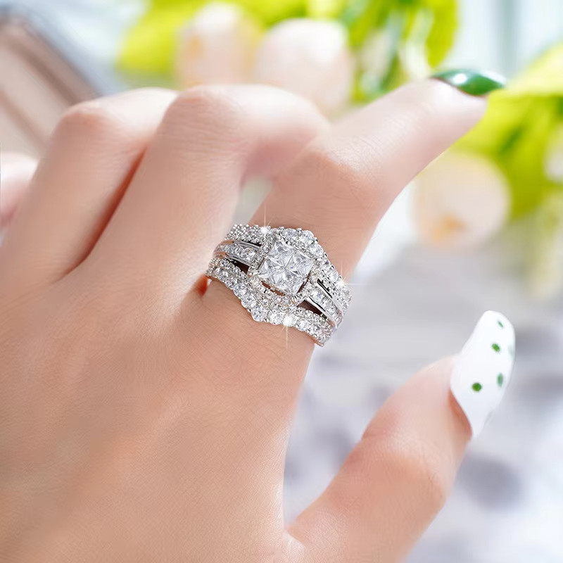 925 Sterling Silver Princess Cut Multi-Band Engagement Ring Size6-9 Gift Crystal