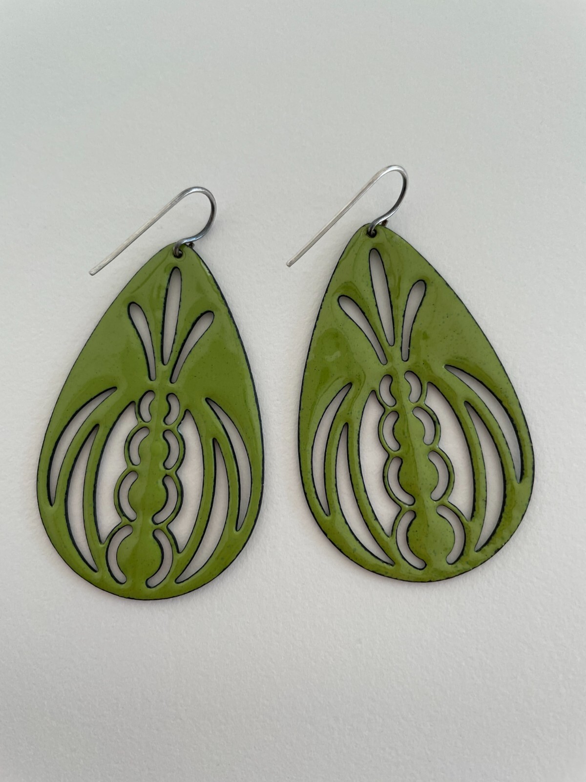 Vitreous Enamel Handcut Copper Earrings Art Deco Mod Geometric Handmade USA 2″