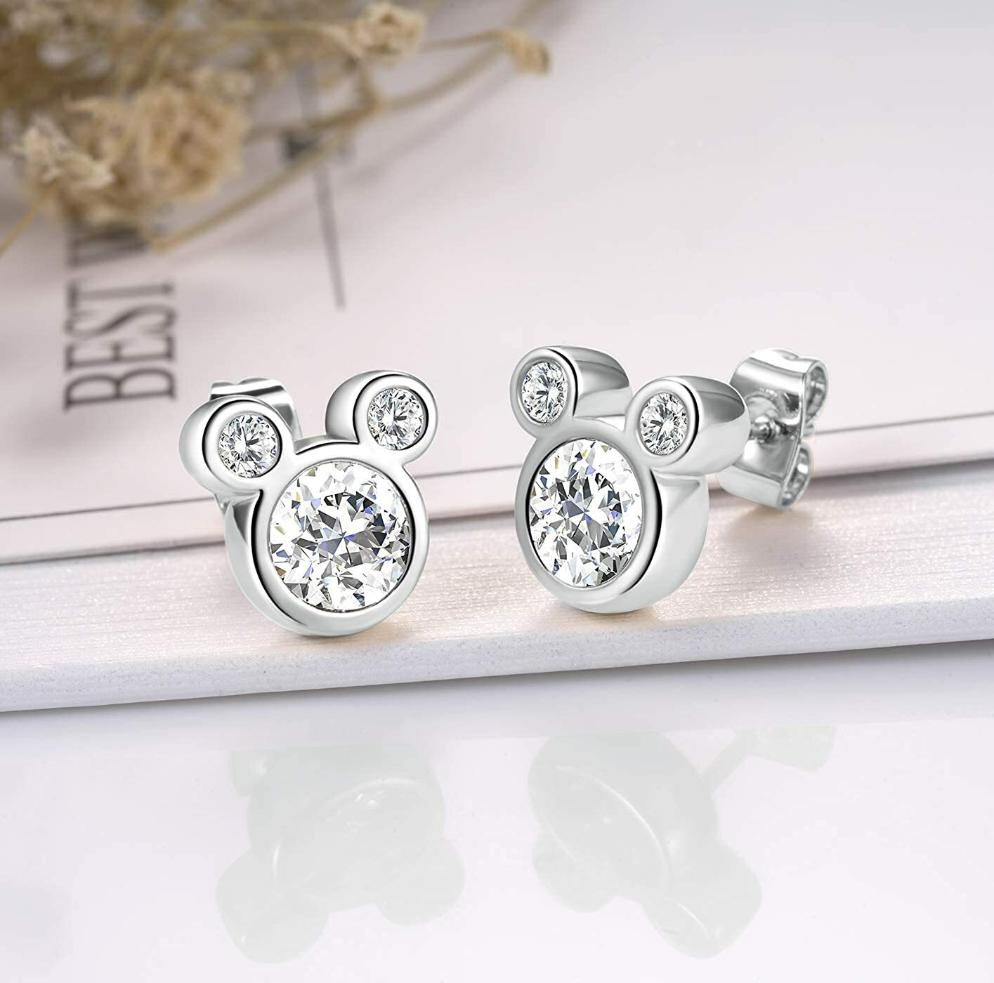 LOVELY CZ Earrings 18k White Gold MOUSE Stud Beautiful Earrings for Women Plated
