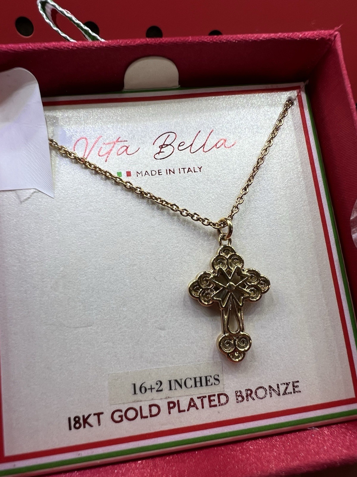 Vita Bella 18KT Gold Plated Bronze Cross Pendant Cable Necklace 16-18in