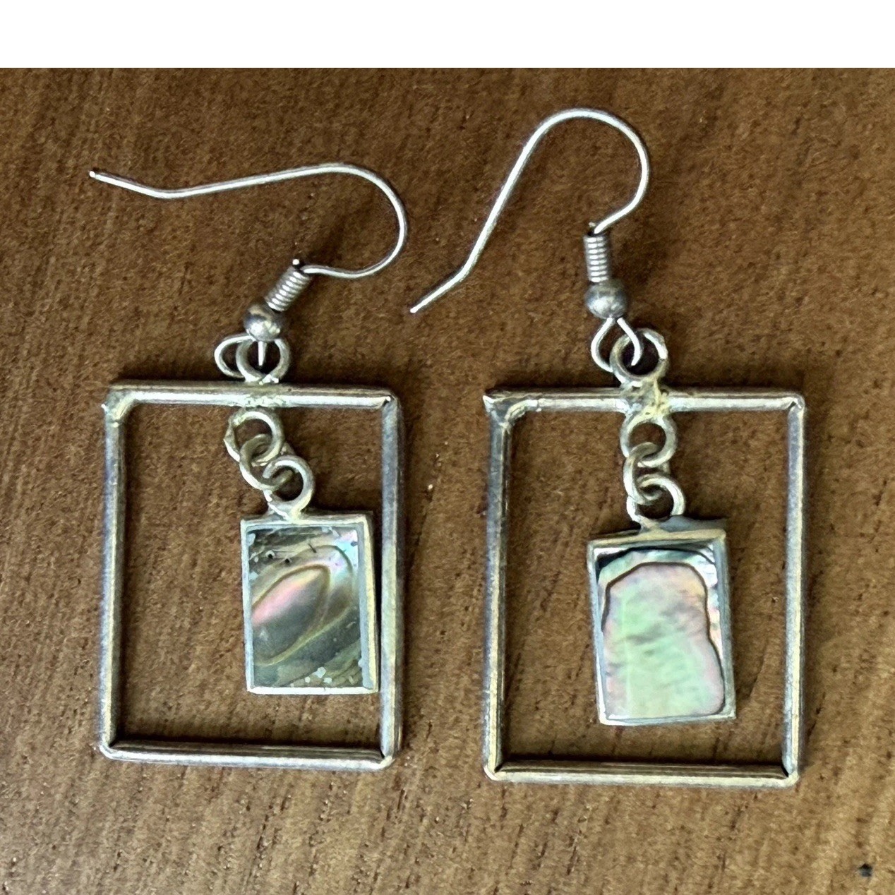 Geometric Rectangle Dangle Earrings Multicolor Abalone Mother of Pearl Inlay