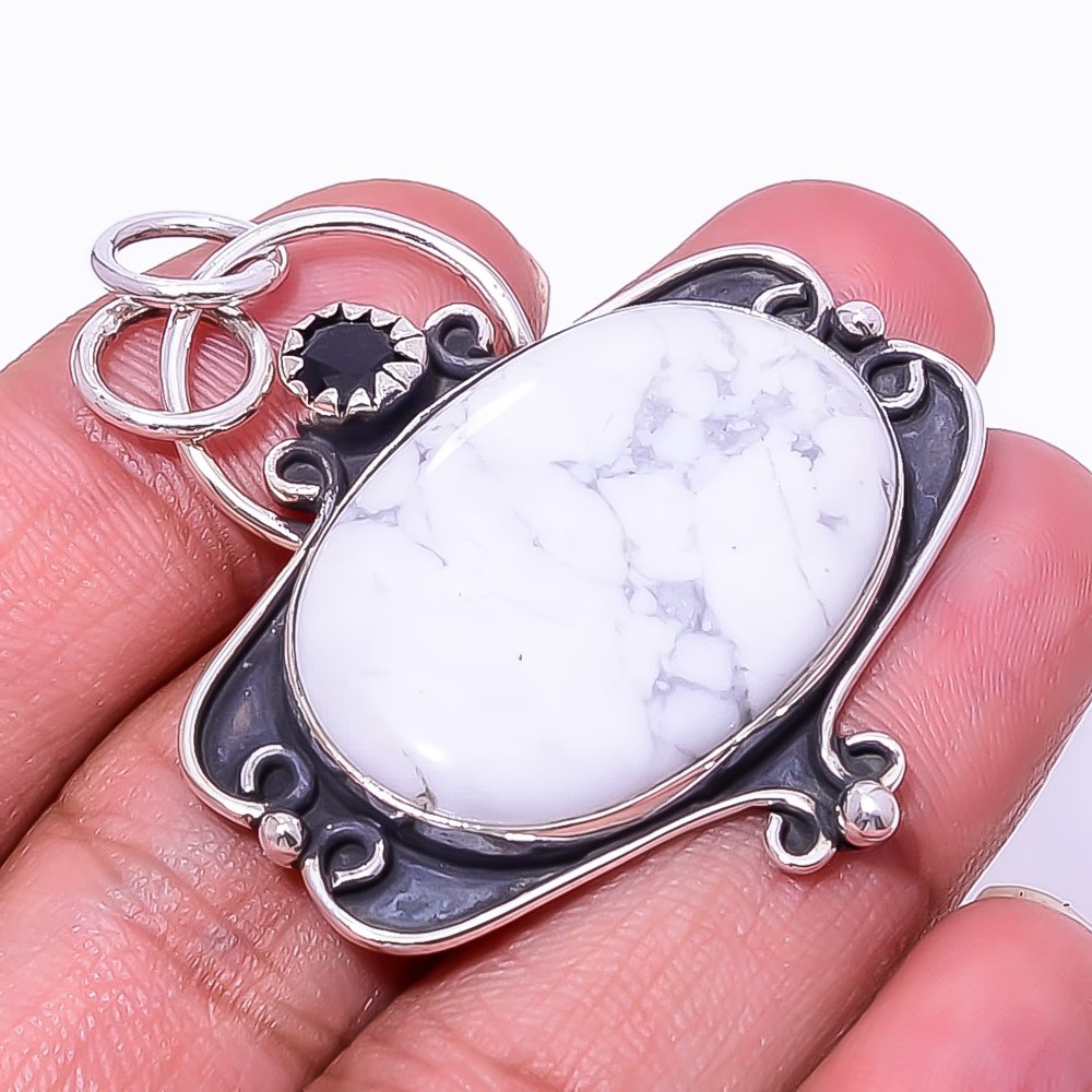 Natural White Howlite – United States 925 Sterling Silver Pendant 1.95″ P28