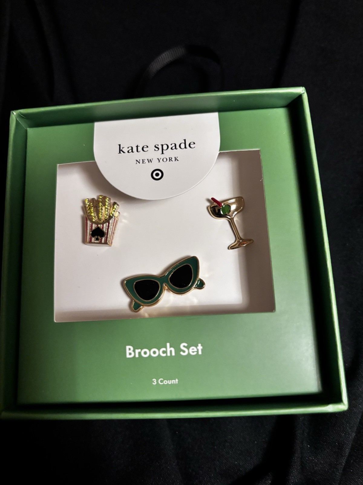 KATE SPADE X TARGET BROOCH SET/ three pins. French Fries Champagne & sunglasse